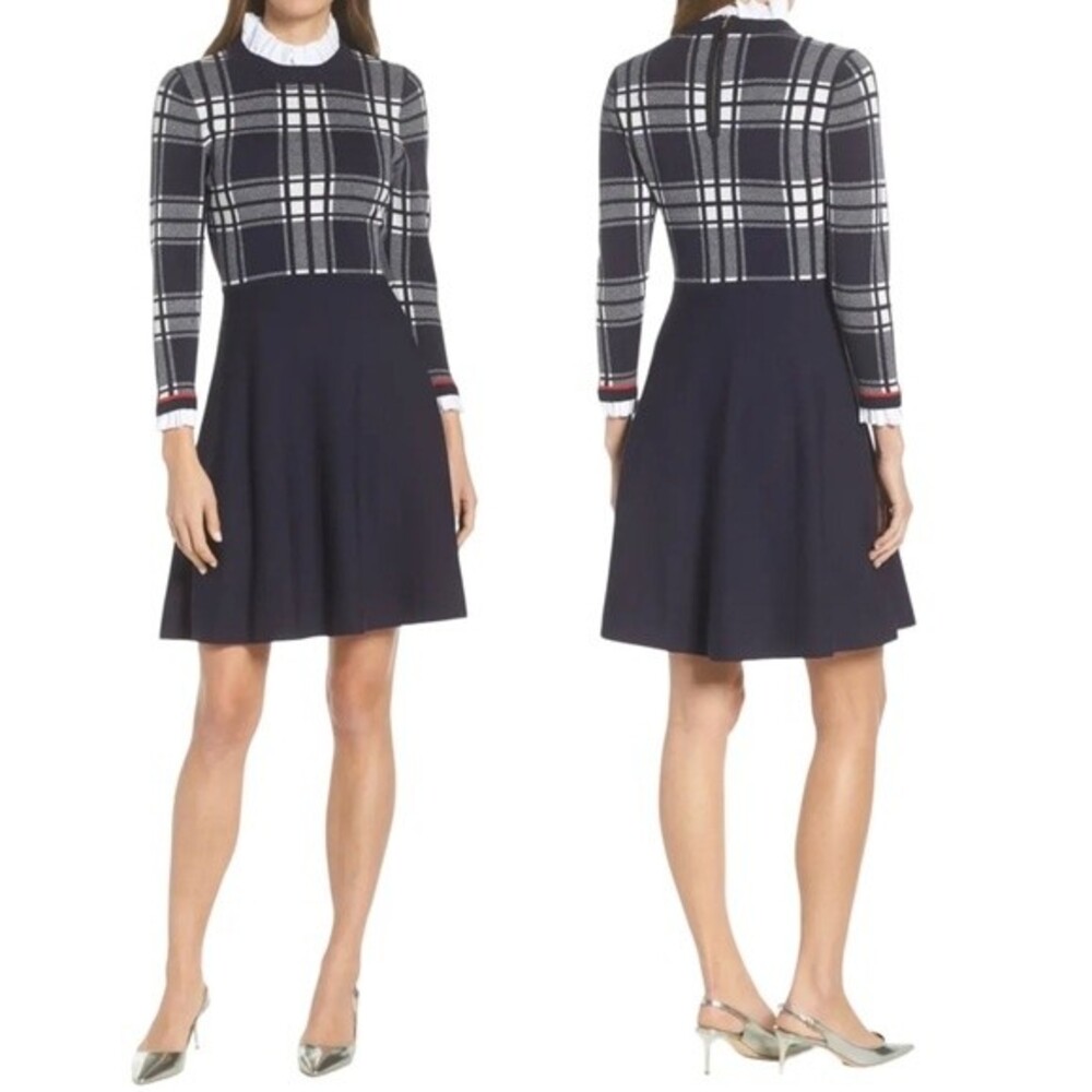 NWT 1901 Plaid Bodice Long Sleeve Preppy Sweater Dress Navy Blue Size Large NEW